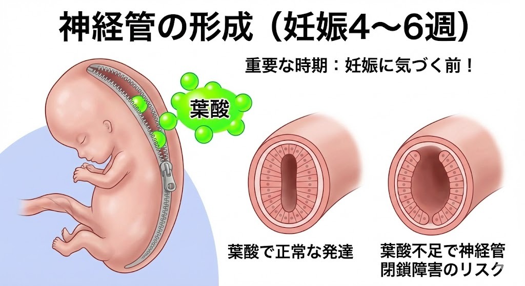 妊娠初期（4〜6週）の胎児の神経管が形成される様子を描いたイラスト。葉酸がファスナーのように神経管の閉鎖を助け、正常な発達を促す一方で、葉酸不足が神経管閉鎖障害のリスクとなることを示している。