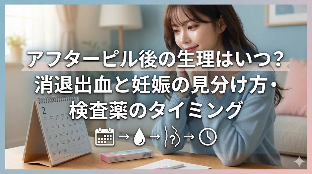 アフターピル服用後の生理時期や消退出血、妊娠検査薬のタイミングを解説するイメージ画像