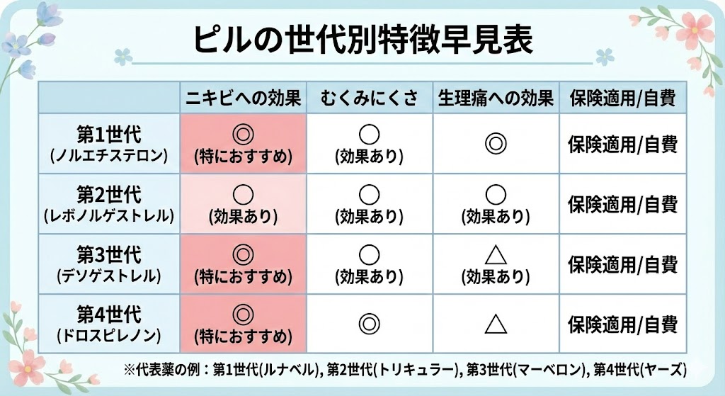 低用量ピルの第1世代から第4世代までの特徴を比較した早見表。ニキビへの効果、むくみにくさ、生理痛への効果、保険適用の有無を◎、○、△で評価し、第3・第4世代のニキビへの効果が特に推奨されています。