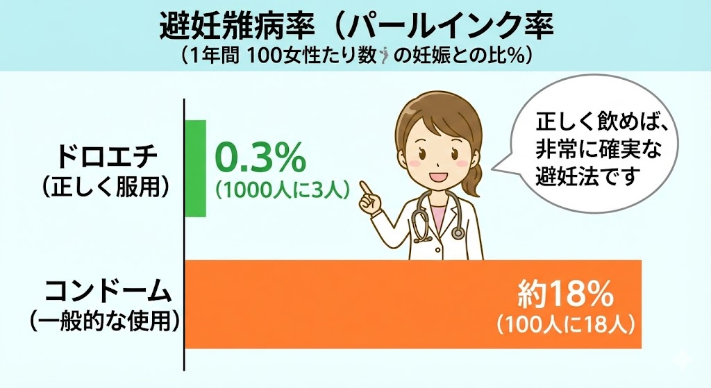 ドロエチを正しく服用した場合の避妊失敗率（パール指数）が0.3%であるのに対し、コンドームの一般的な使用では約18%であることを比較した横棒グラフ。医師のイラストが「正しく飲めば、非常に確実な避妊法です」とコメントしている。