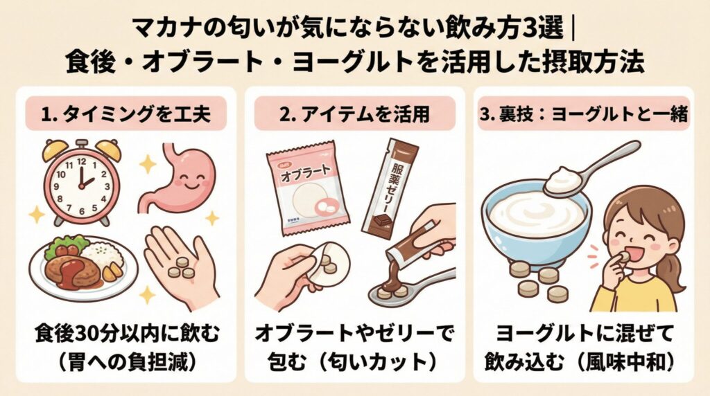 マカナの匂いが気にならない飲み方3選|食後・オブラート・ヨーグルトを活用した摂取方法