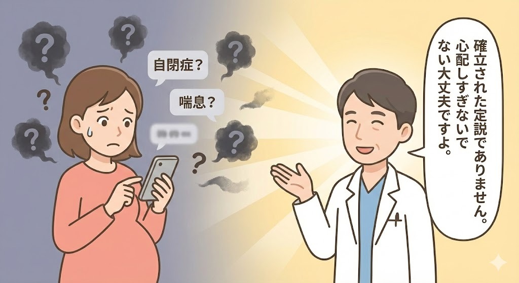 ネットの検索情報「自閉症?」「喘息?」に不安な表情を浮かべる妊婦に対し、白衣を着た男性医師が「確立された定説ではありません。心配しすぎないで大丈夫ですよ」と優しく説明し、不安を解消しているイラスト。