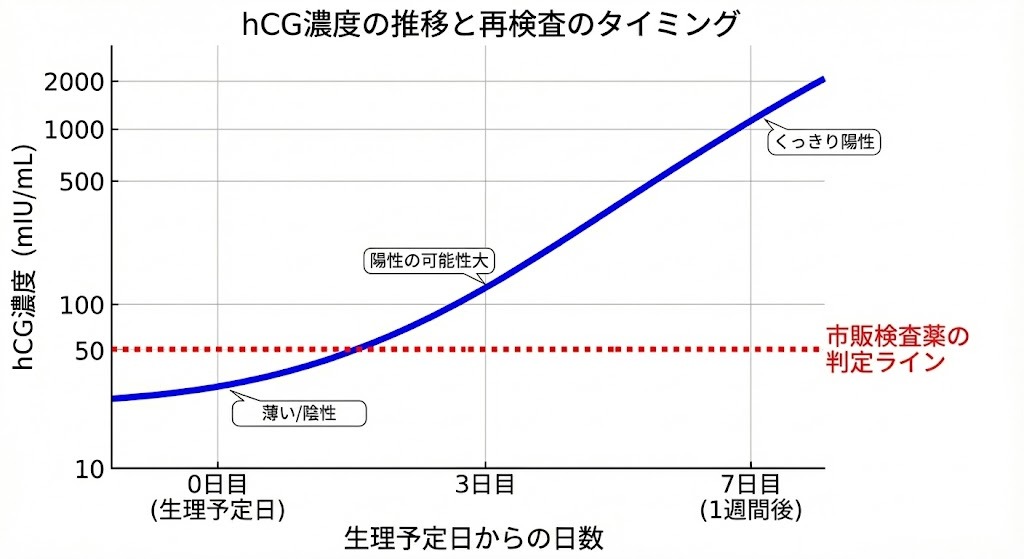 生理予定日からの日数別にhCG濃度の上昇を示したグラフ。市販妊娠検査薬の判定ラインと、再検査に適したタイミングを解説している