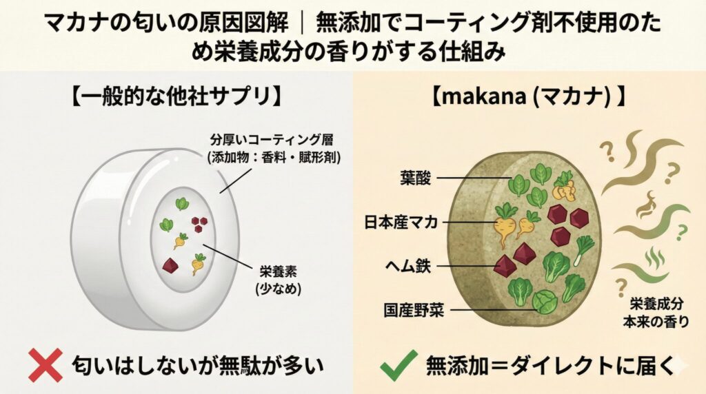 マカナの匂いの原因図解|無添加でコーティング剤不使用のため栄養成分の香りがする仕組み