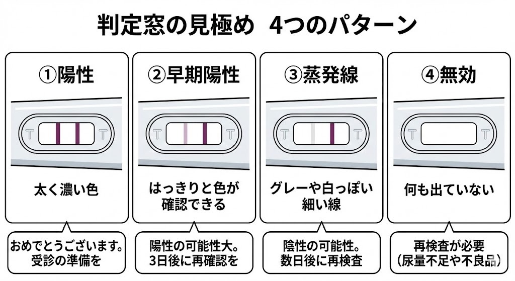 妊娠検査薬の判定窓の見方を解説した図。陽性、早期陽性、蒸発線、無効の4パターンを線の濃さと状態別に比較している