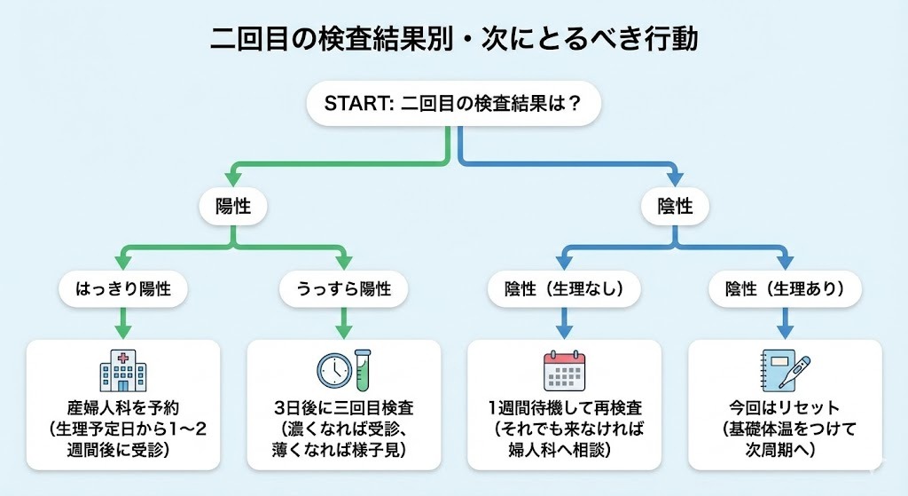 妊娠検査薬の二回目結果に応じた行動フロー図。陽性・うっすら陽性・陰性（生理なし／あり）ごとに再検査や受診の目安を示している
