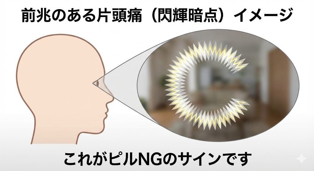 前兆のある片頭痛（閃輝暗点）の症状イメージイラスト：視野にギザギザした光が現れるピル禁忌のサイン