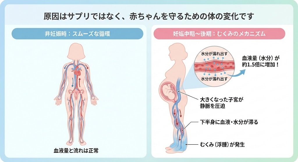 妊娠中期から後期に起こるむくみの仕組みを示した図解。血液量増加、子宮による静脈圧迫で下半身に水分が溜まる生理的変化を説明している。