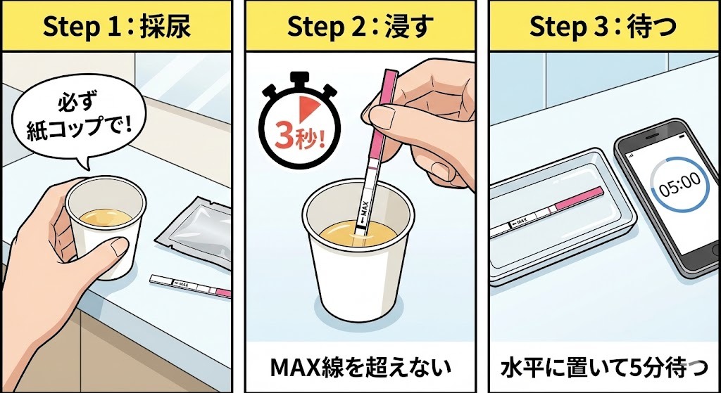 ワンステップ妊娠検査薬の正しい使い方3ステップイラスト。紙コップ採尿、3秒浸す、平らな場所で5分待つ手順。
