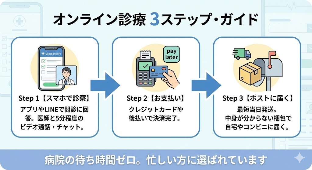 オンライン診療の3ステップガイド。ステップ1：スマホで問診・医師と診察、ステップ2：クレジットカード等で決済、ステップ3：最短当日発送で自宅やコンビニのポストに届く流れをアイコンで説明。