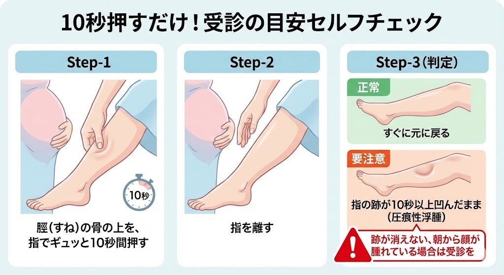 脛（すね）を10秒押して戻り方を確認する、妊娠中の危険なむくみを見分けるセルフチェック方法の図解。指の跡が戻らない場合は受診目安と示している。