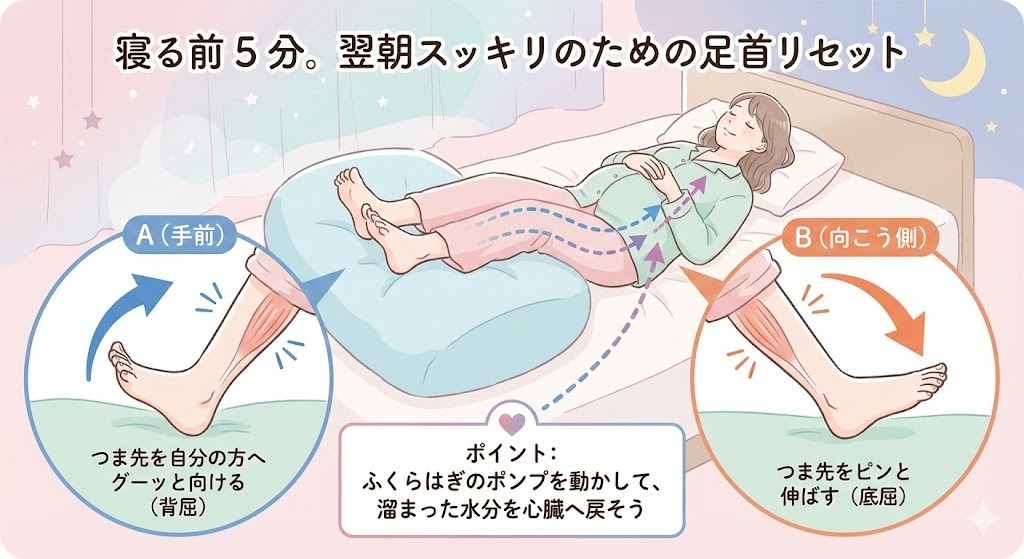 寝る前5分で行う足首ストレッチのイラスト。仰向けでつま先を手前と外側に動かし、ふくらはぎのポンプ作用で妊娠中のむくみを和らげる方法。