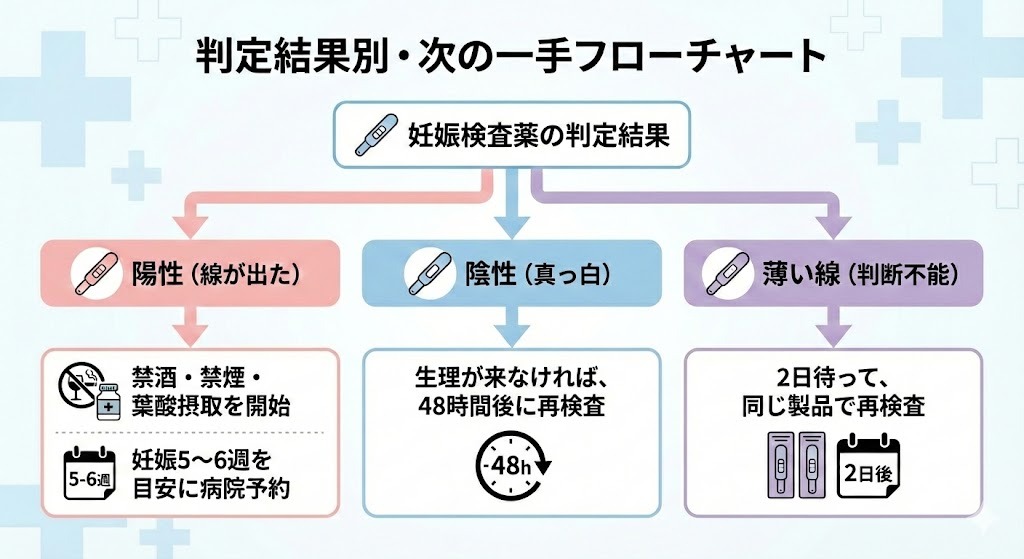 妊娠検査薬の判定結果別フローチャート。陽性は禁酒・禁煙と葉酸摂取を開始し妊娠5〜6週で受診、陰性は48時間後に再検査、薄い線は2日後に同じ検査薬で再検査する流れを図解。