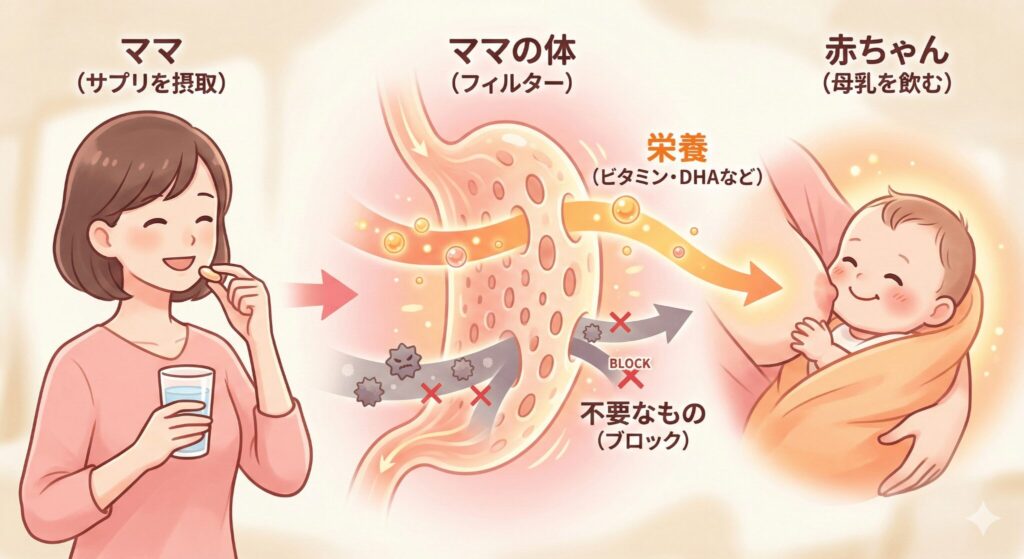 授乳中の栄養移行メカニズム図解・ママの体がフィルターとなり母乳へ届く仕組み
