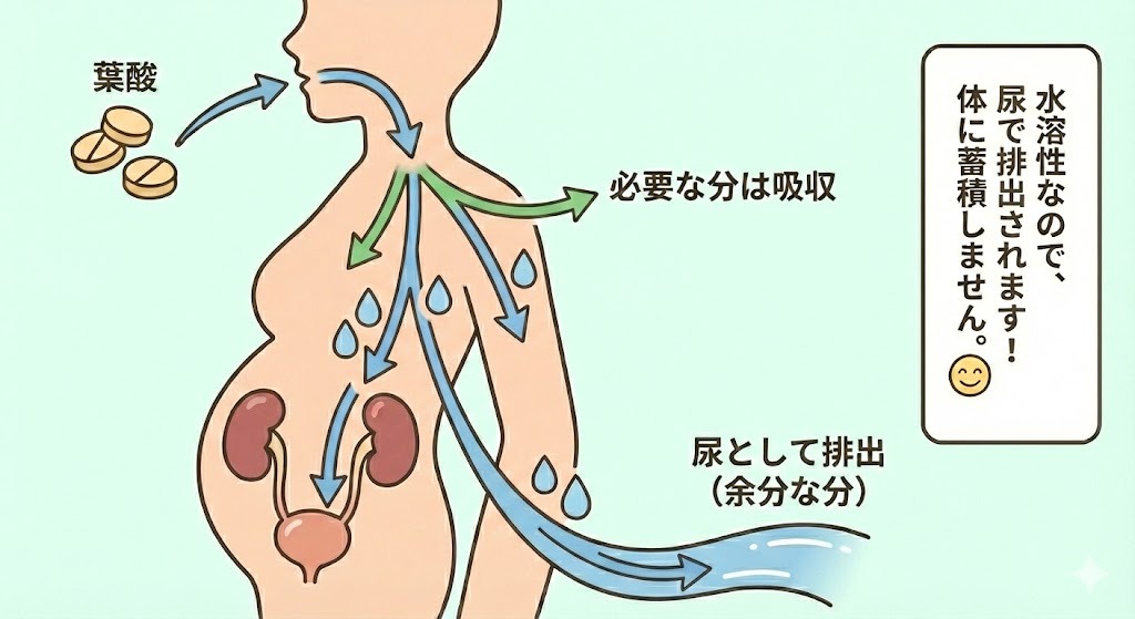 水溶性ビタミンである葉酸の体内での流れを示す図解。口から摂取された葉酸のうち、必要な分は吸収されるが、余分な分は腎臓を経由して尿として体外に排出されるため、体に蓄積しないことを説明するイラスト。