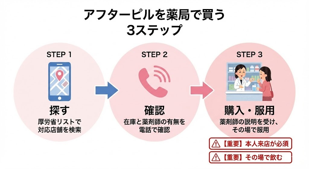 アフターピルを薬局で購入するまでの3ステップを示した図。対応薬局を探し、在庫と薬剤師の有無を電話で確認し、本人が来店して薬剤師の説明を受けその場で服用する流れ