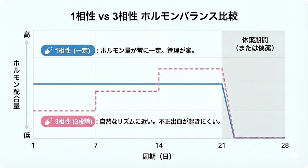 1相性ピルと3相性ピルのホルモン配合量の違いを、服用周期ごとに比較したグラフ