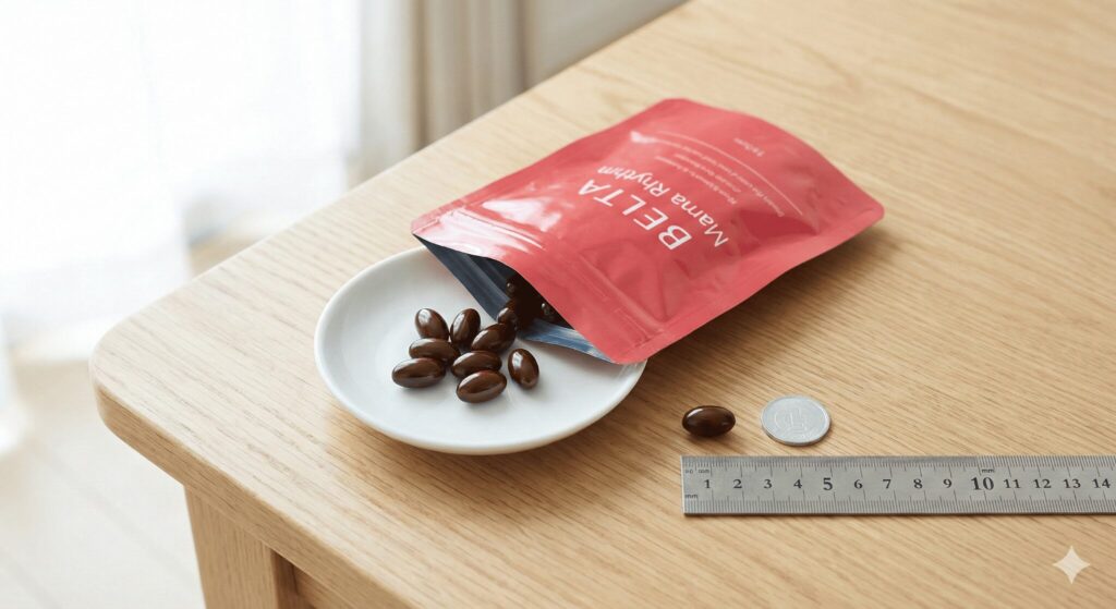 ベルタママリズムのソフトカプセルの大きさとパッケージ・飲みやすさの検証