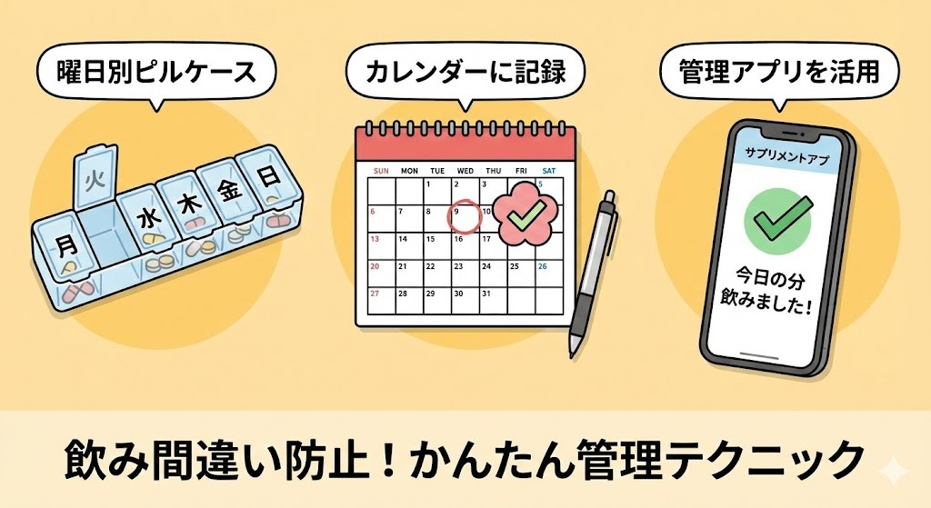 葉酸サプリの飲み間違いを防止するための3つの管理テクニックを示すイラスト。曜日別ピルケースによる管理、カレンダーへの記録、管理アプリの活用の様子が描かれている。