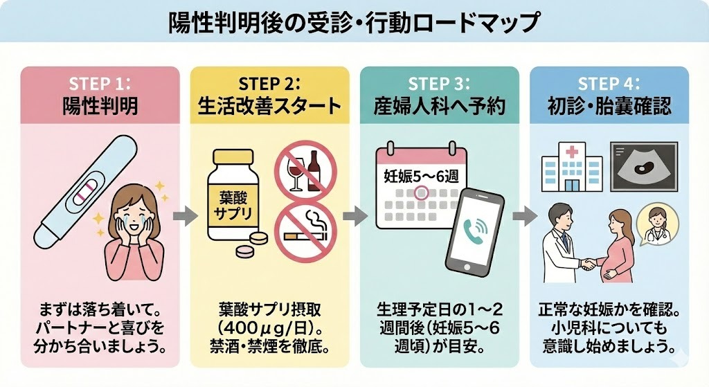 妊娠検査薬で陽性が出た後の行動フローを示した図解。生活習慣の見直し、産婦人科予約、初診の目安までを段階的に説明している。