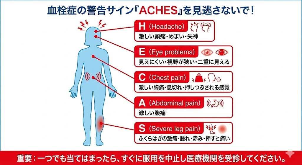 低用量ピル服用時に注意すべき血栓症の警告サイン「ACHES（激しい頭痛、視覚異常、胸痛、腹痛、脚の強い痛み）」を示したイラスト図