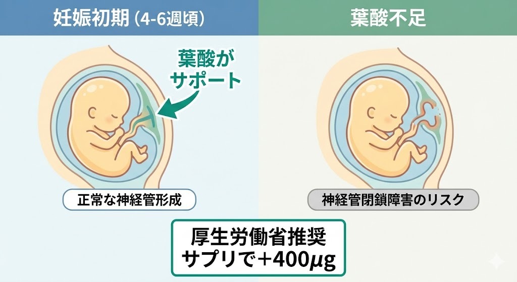 妊娠初期の葉酸摂取と神経管閉鎖障害リスクの比較インフォグラフィック 設置箇所