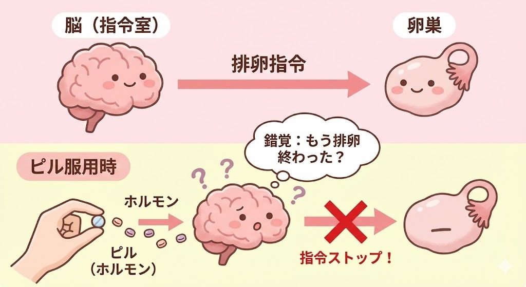 経口避妊薬の作用機序。脳（指令室）が卵巣へ排卵指令を出しているが、ピル服用時はホルモンによって脳が「排卵済み」と錯覚し、指令をストップさせる様子。