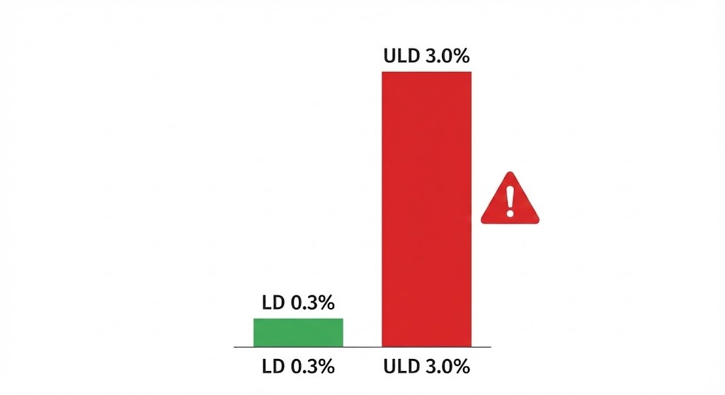 一般的な低用量ピル（LD）の避妊失敗率0.3%に対し、超低用量ピル（ULD）は3.0%と約10倍のリスクがあることを示すパール指数の比較グラフ。