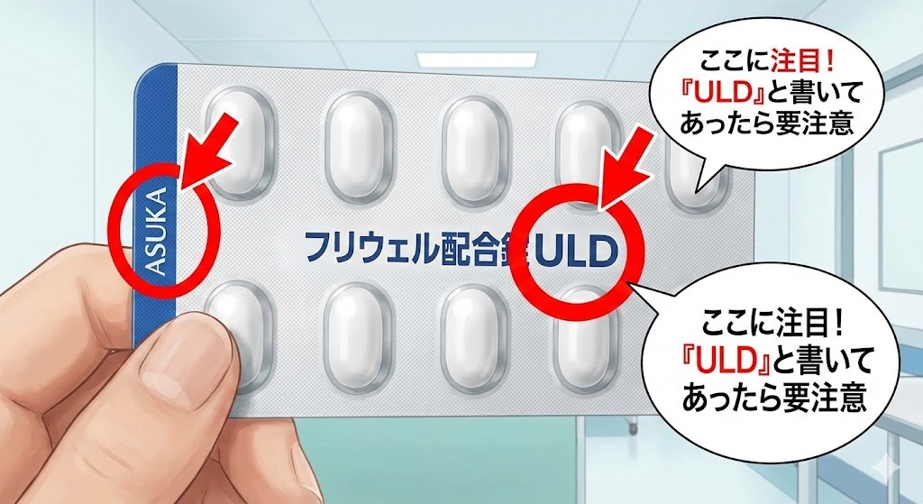 あすか製薬のフリウェル配合錠ULDのPTPシート。「ASUKA」の社名ロゴと、特に注意すべき「ULD」の文字が赤枠と矢印で強調されている。