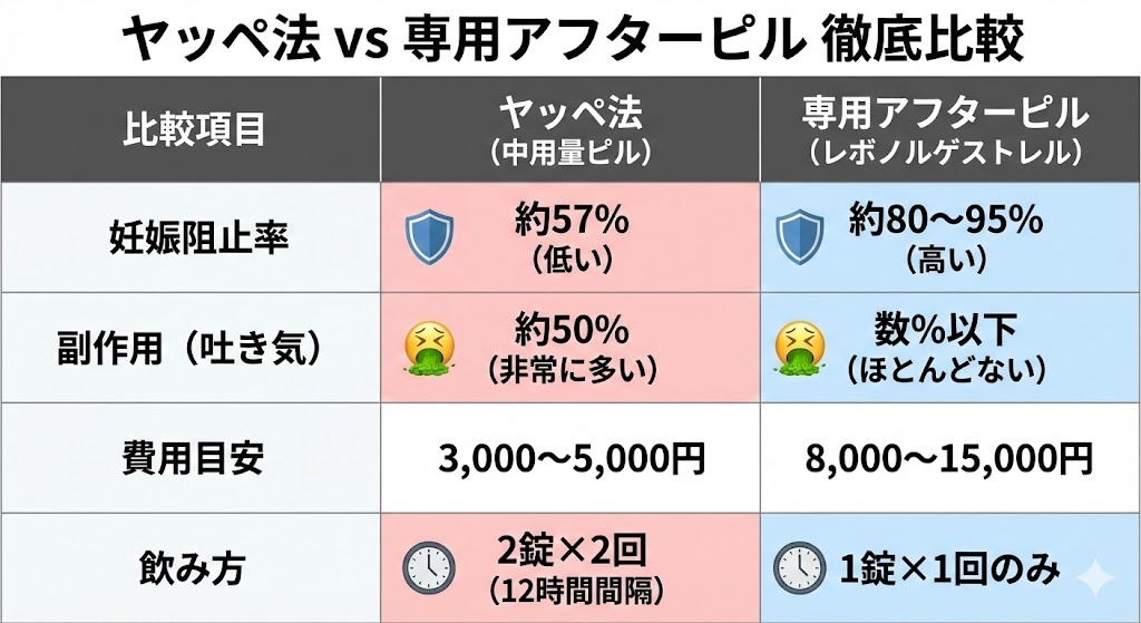 ヤッペ法（中用量ピル代用）と専用アフターピル（レボノルゲストレル）の違いをまとめた比較表の画像。妊娠阻止率（失敗率）、副作用（吐き気）の頻度、費用の目安、具体的な飲み方について、それぞれの特徴をアイコン付きで対比している。
