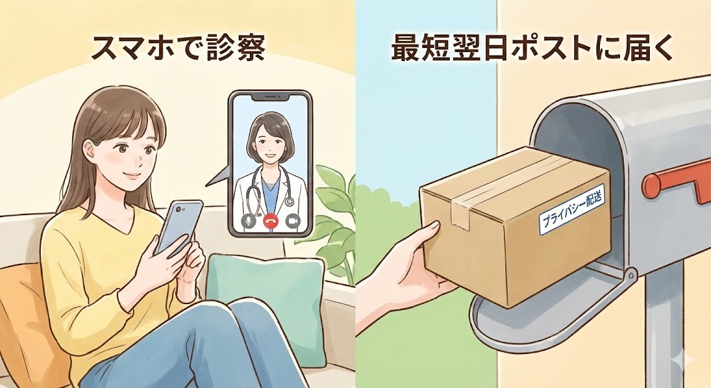アフターピルのオンライン診療を利用する流れのイメージイラスト。左側はスマートフォンで女性医師とビデオ通話による診察を受けている様子、右側は「プライバシー配送」と書かれた薬の箱が郵便ポストに投函されている様子を描いている。
