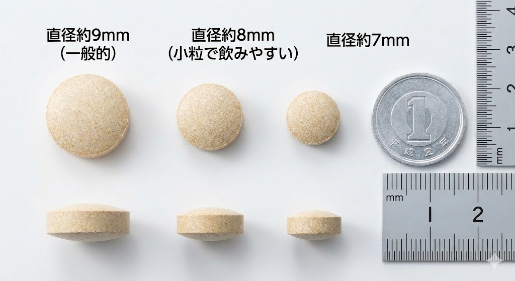 異なるサイズの葉酸サプリメント粒と1円玉、定規の比較写真