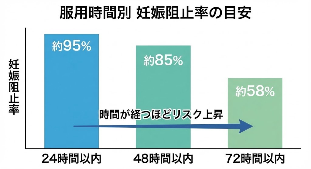 アフターピルの服用時間別による妊娠阻止率の目安を示す棒グラフ。24時間以内の服用で約95%、48時間以内で約85%、72時間以内で約58%と、時間が経過するにつれて効果が低下する様子が示されている。