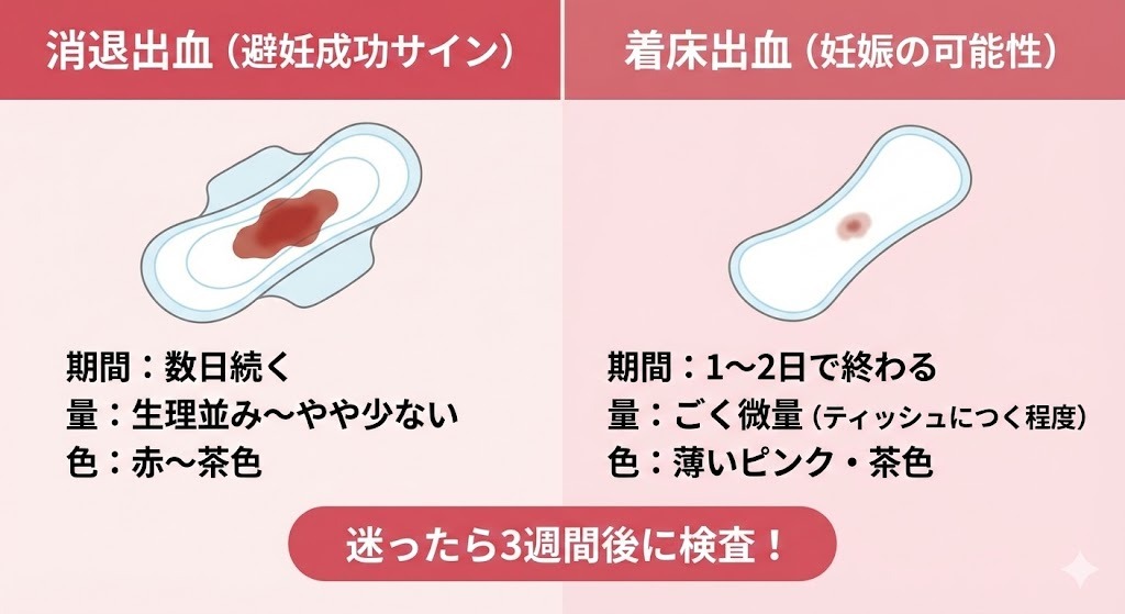 消退出血と着床出血の特徴を比較したイラスト。左側は消退出血でナプキンに生理並みの量の血がついている様子、右側は着床出血でおりものシートにごく微量の血がついている様子。迷ったら3週間後に検査するよう促すメッセージ付き。