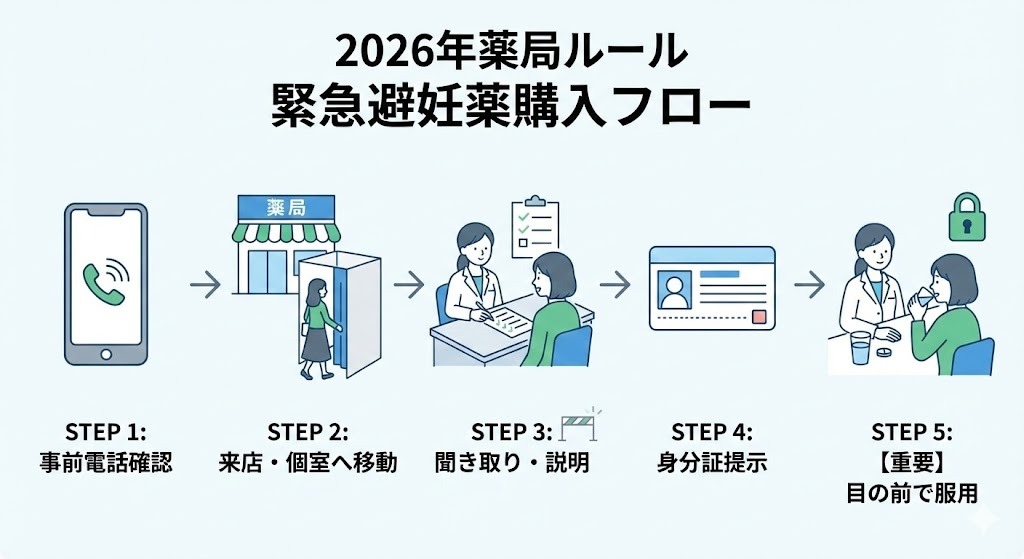 2026年新ルールに基づく薬局での緊急避妊薬購入フロー図。事前電話、来店・個室移動、薬剤師による聞き取り、身分証提示、目の前での服用という5つのステップをイラストで解説。