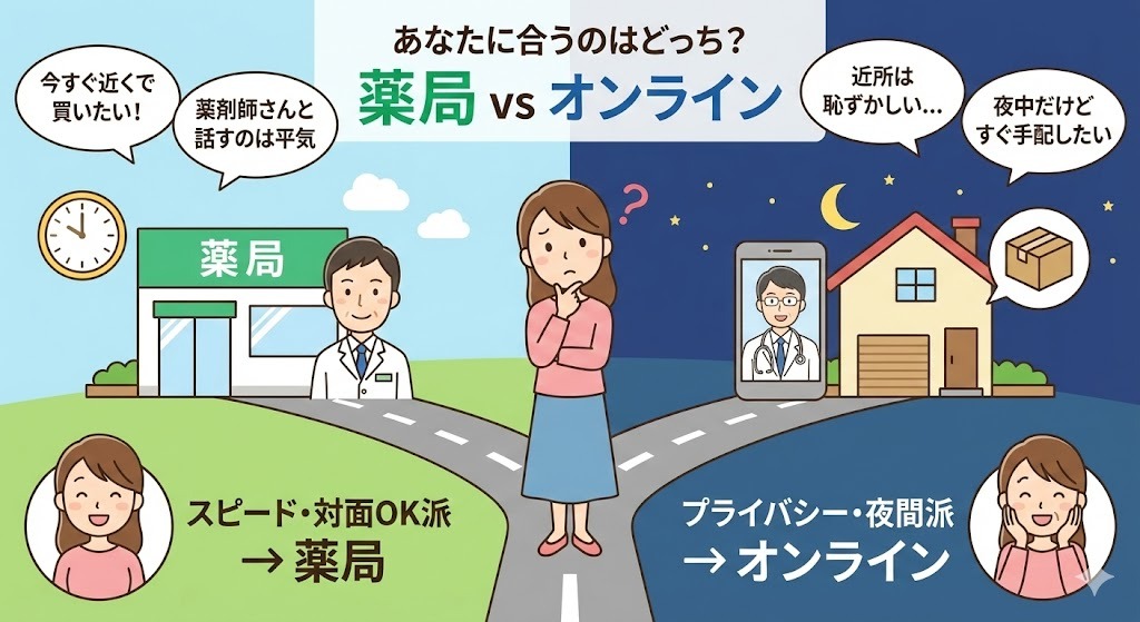 薬局とオンライン診療のどちらが自分に合うかを判断するためのタイプ別診断イラスト。「スピード・対面OK派」は薬局へ、「プライバシー・夜間派」はオンライン診療へ進む分岐路として表現。