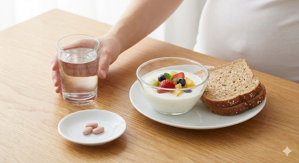 朝食のテーブルに置かれたエレビット3粒と水、バランスの良い食事