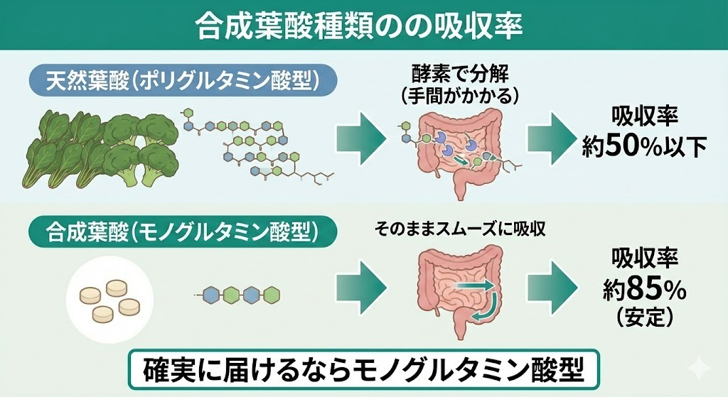 天然葉酸（ポリグルタミン酸型）と合成葉酸（モノグルタミン酸型）の体内吸収メカニズムの図解