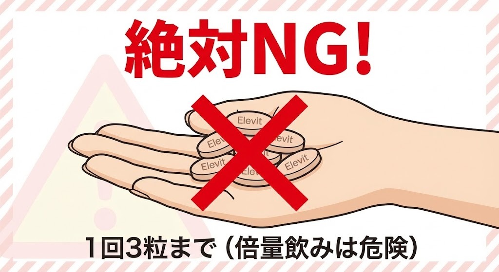 エレビットを一度に6粒（倍量）飲むことへの禁止を示すイラスト
