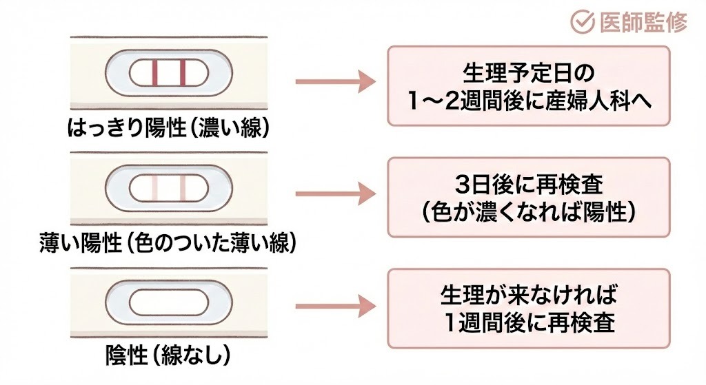 医師監修による妊娠検査薬の判定窓の見方（陽性・薄い線・陰性）と、その後の適切な受診タイミングや再検査の目安を示す図。