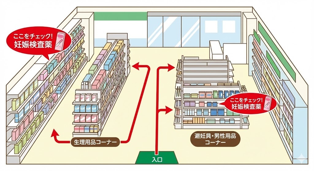 スギ薬局店内の妊娠検査薬売り場マップ。生理用品コーナーの最上段と端、避妊具コーナーの位置を図解。