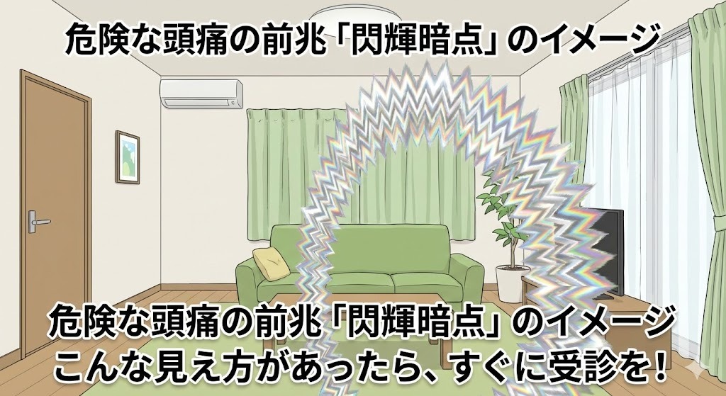 ピルの危険な副作用である血栓症の前兆「閃輝暗点」の症状を表現した主観視点のイラスト。視界の一部にギザギザした光の波が現れ、視野が欠けている様子を描写し、すぐに受診するよう注意喚起している。