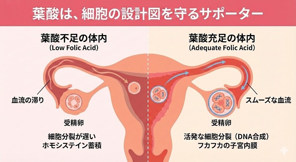 葉酸不足と葉酸充足での体内環境の違いを示す図。葉酸が十分な場合は血流がスムーズになり、DNA合成や細胞分裂が活発になり、子宮内膜の状態が整うことを表している。