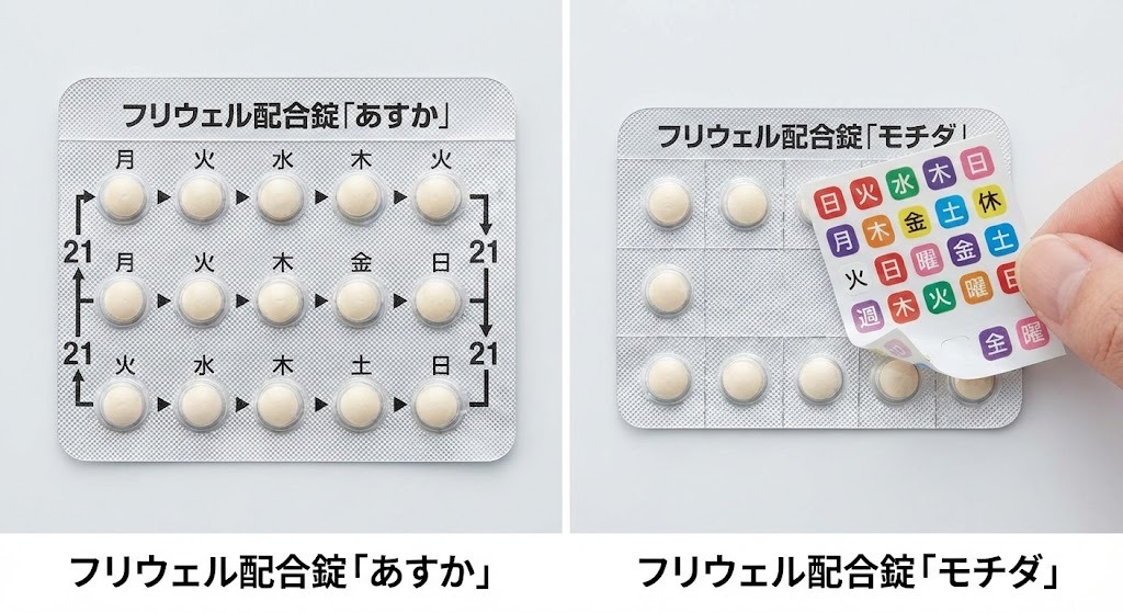 フリウェル配合錠「あすか」（左）と「モチダ」（右）のPTPシート比較写真。「あすか」はシートに曜日が印字されており、「モチダ」は付属の曜日シールを貼るタイプでコンパクトな形状をしている。