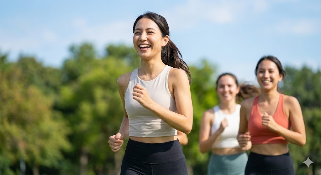 生理痛から解放され、笑顔で友人とランニングを楽しむ若い女性の写真。健康でアクティブな生活を送っている様子が表現されている。