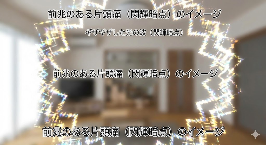 前兆のある片頭痛（閃輝暗点）の症状を表現したイメージ図。視野の周辺にギザギザした光の波が現れ、中心部の視界がぼやけている様子が描かれている。