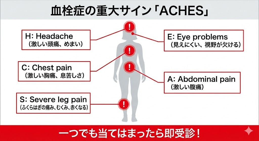 血栓症の重大な警告サイン「ACHES」を示す図解。激しい頭痛（H）、視覚異常（E）、胸痛（C）、激しい腹痛（A）、脚の痛みや腫れ（S）が人体イラストとともに説明されている。
