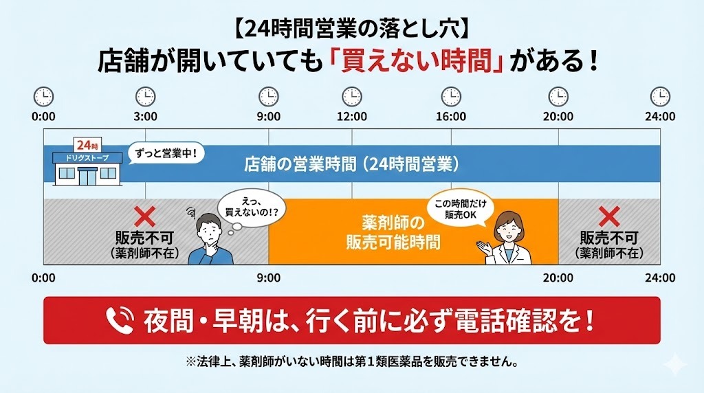 24時間営業のドラッグストアでも、薬剤師不在の時間帯は妊娠検査薬（第1類医薬品）が購入できないことを示した時間帯別の解説イラスト。
