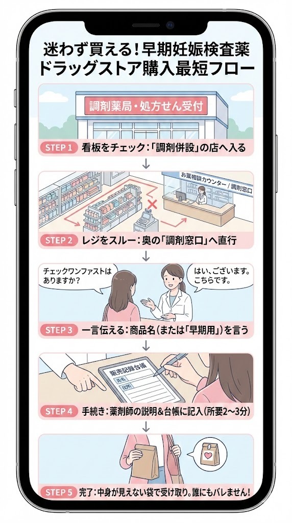 早期妊娠検査薬をドラッグストアで購入する手順を示した図解。調剤併設店の見分け方から、薬剤師への伝え方、袋で受け取るまでの流れをステップ形式で説明している。