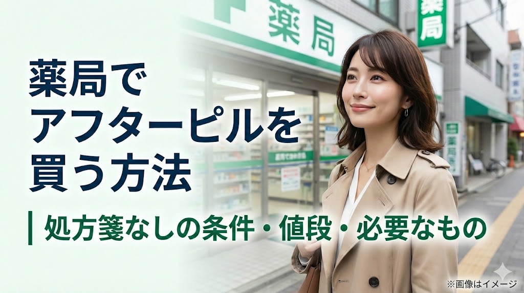 薬局の前に立つ女性と「薬局でアフターピルを買う方法｜処方箋なしの条件・値段・必要なもの」と書かれたアイキャッチ画像